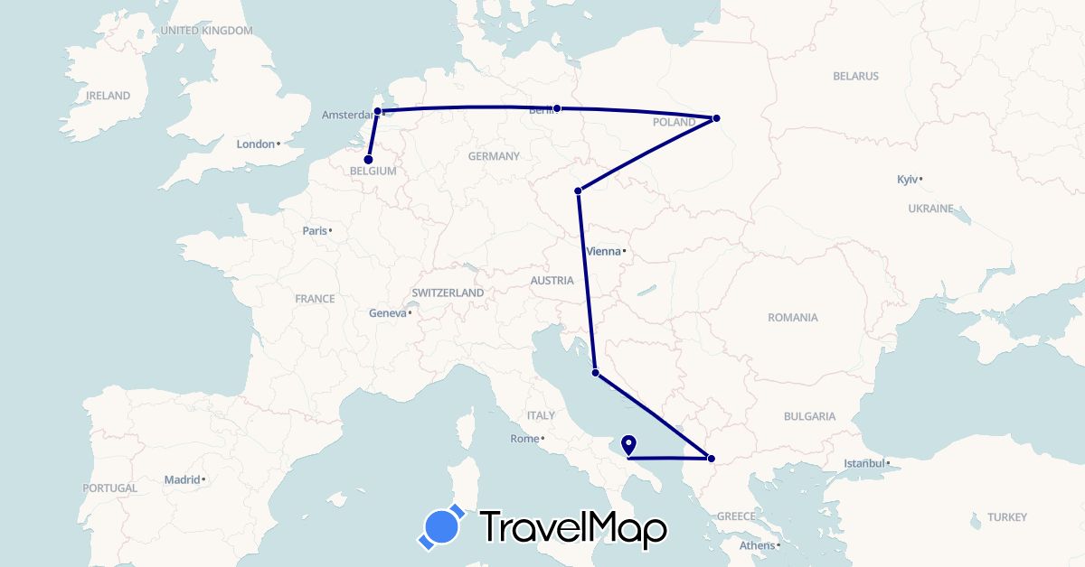 TravelMap itinerary: driving in Czech Republic, Germany, Croatia, Macedonia, Netherlands, Poland (Europe)